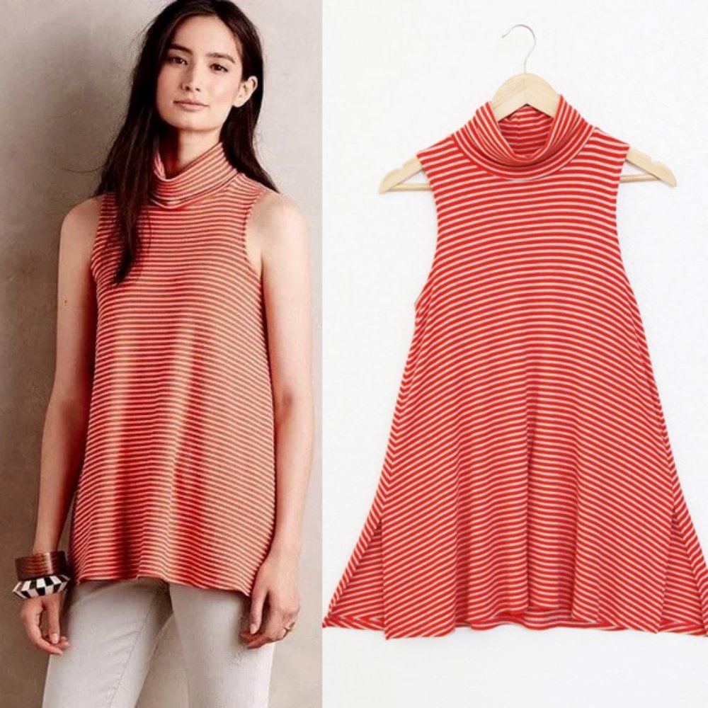 Anthropologie Anthro Puella Mock Neck Rib Orange Striped Swing Tank Tunic Top M